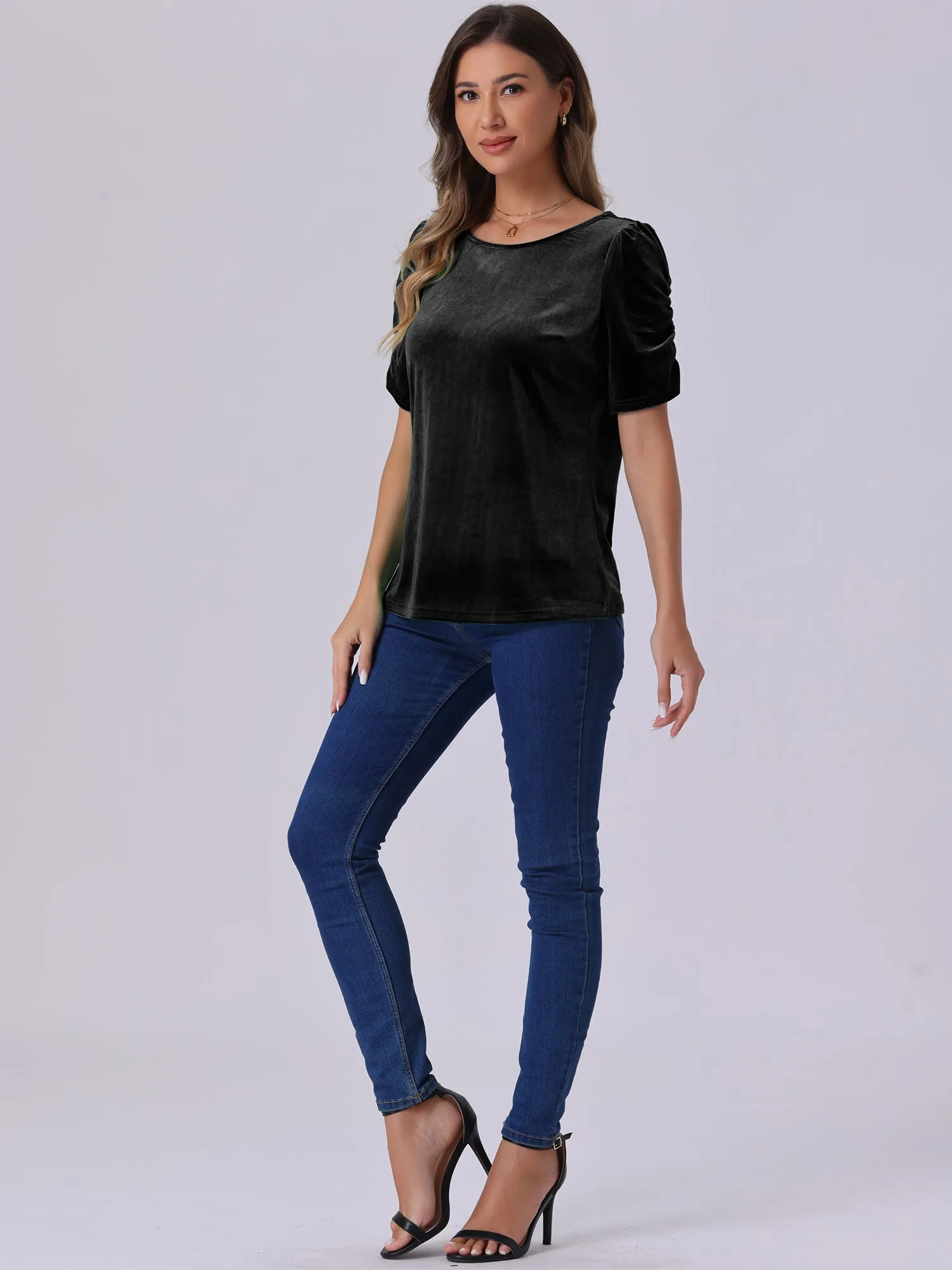 Velvet Round Neck Puff Short Sleeve Casual Blouse sold by Allegra K product image thumbnail 3
