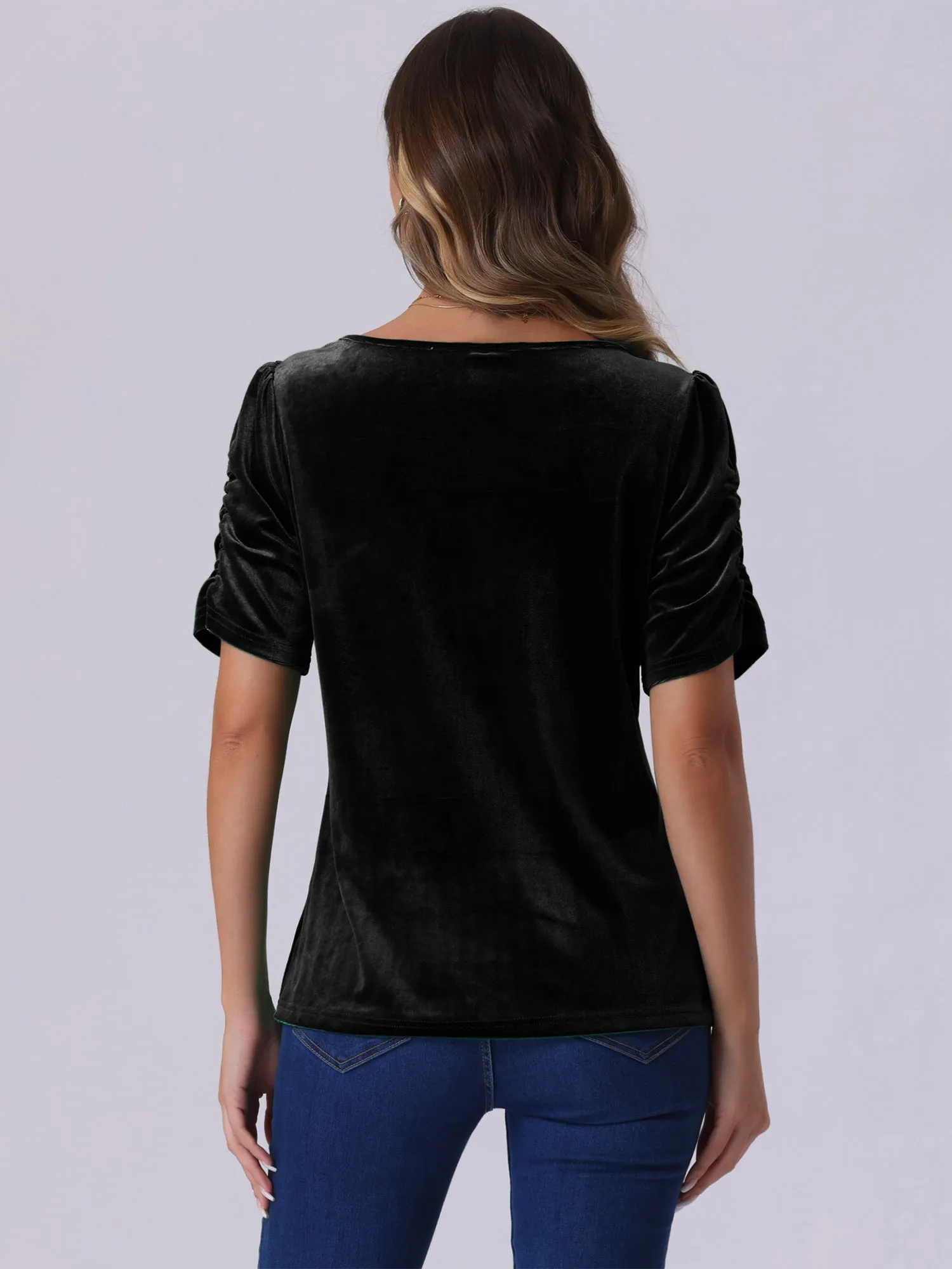 Velvet Round Neck Puff Short Sleeve Casual Blouse sold by Allegra K product image thumbnail 2