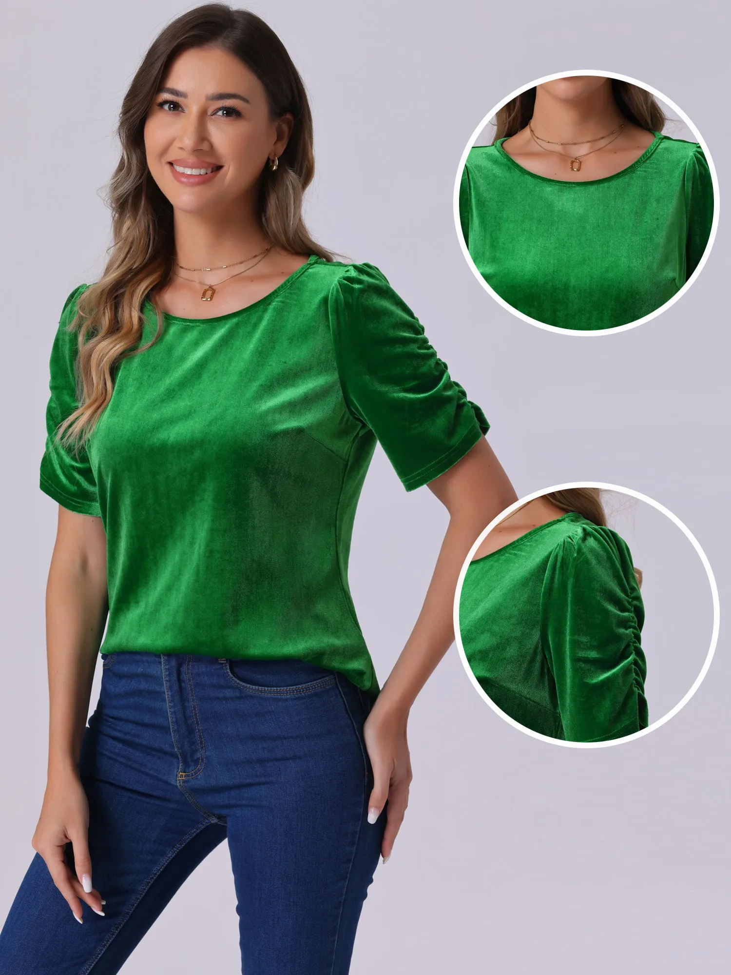 Velvet Round Neck Puff Short Sleeve Casual Blouse sold by Allegra K product image thumbnail 5