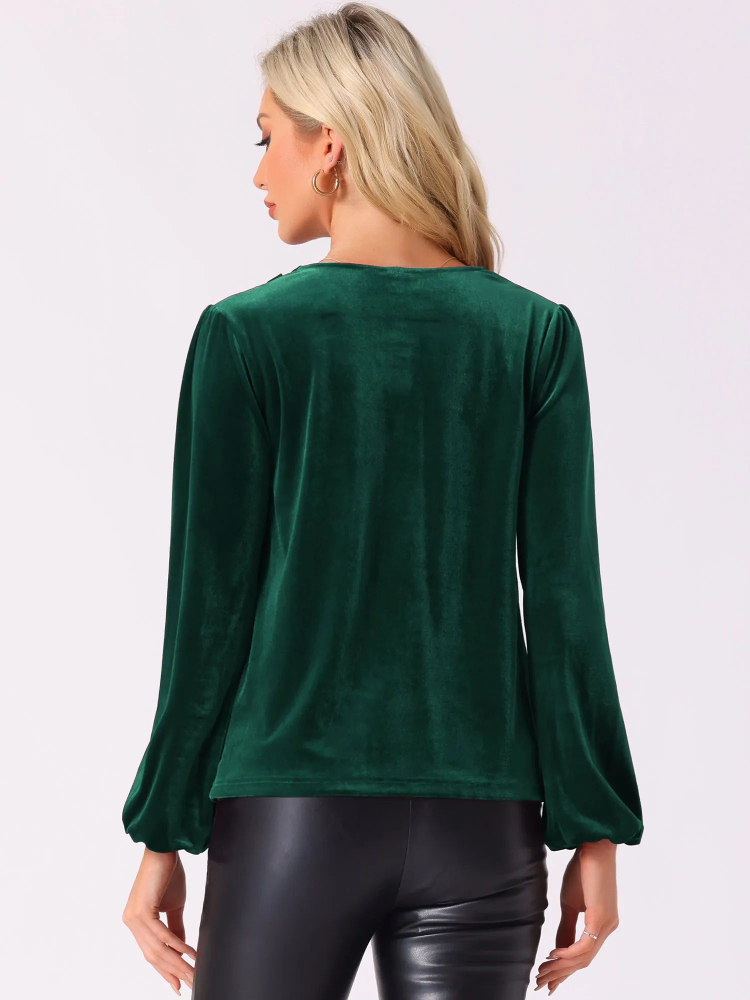 Velvet Cowl Neck Lantern Sleeve Solid Color Blouse sold by Allegra K product image thumbnail 2