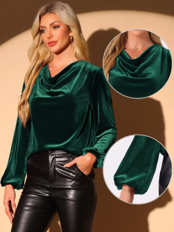 Velvet Cowl Neck Lantern Sleeve Solid Color Blouse made by Allegra K