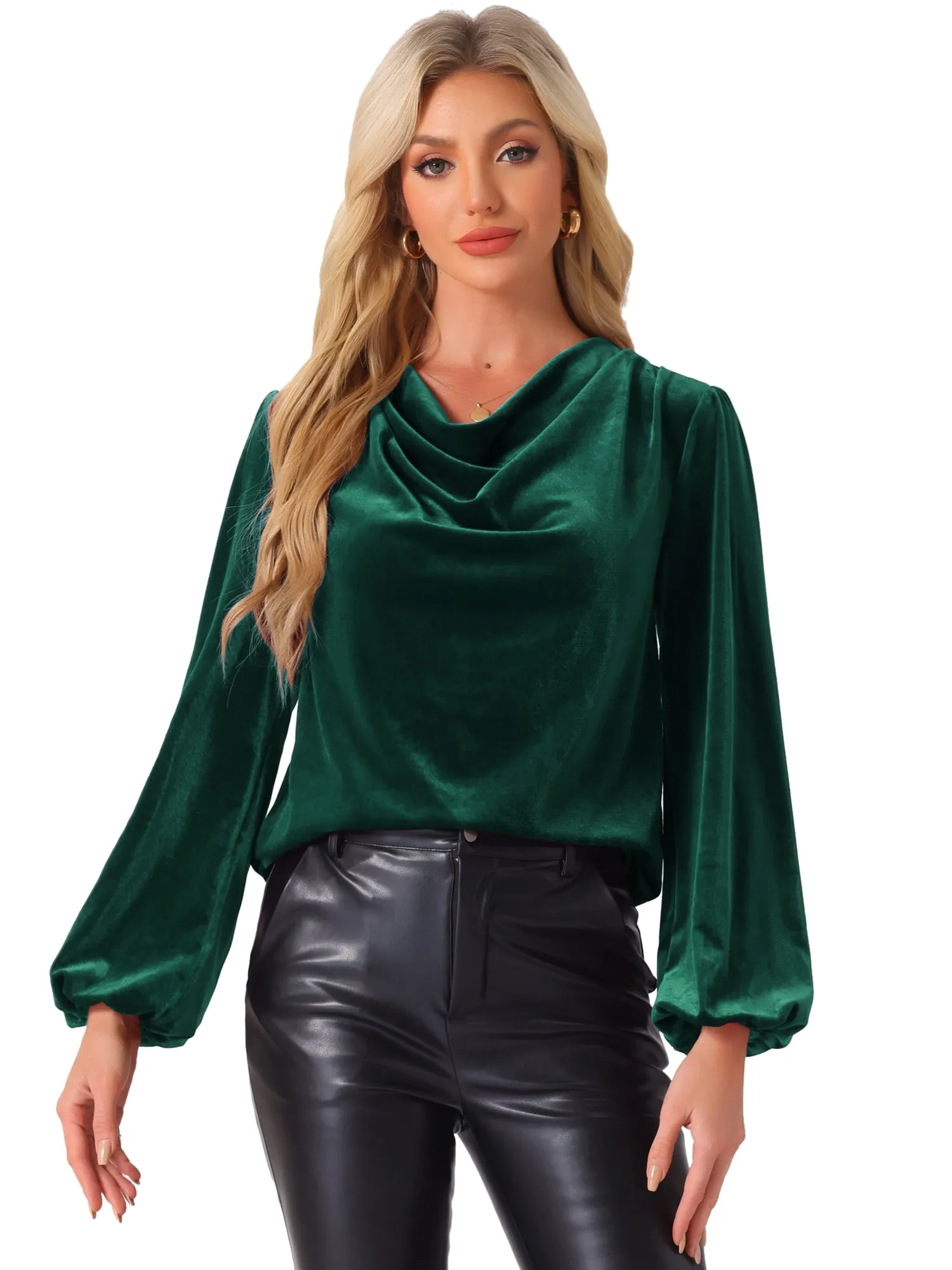 Velvet Cowl Neck Lantern Sleeve Solid Color Blouse sold by Allegra K product image thumbnail 5