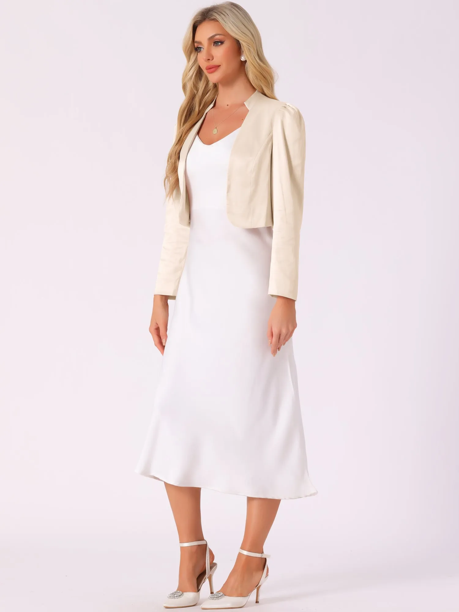 Long Sleeve Satin Open Front Bolero Shrug Cropped Jacket sold by Allegra K