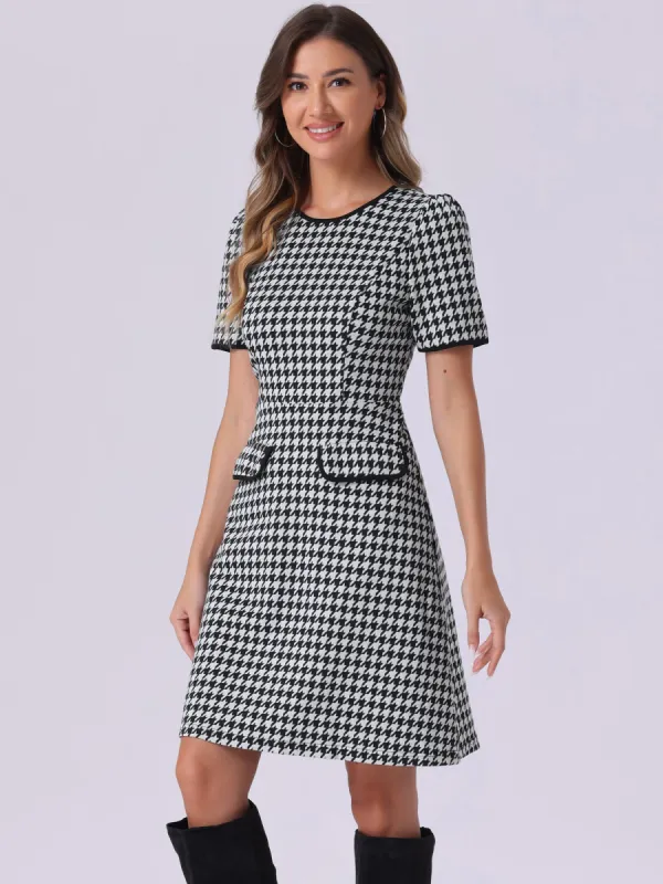Houndstooth Puff Sleeves Round Neck Midi Dress sold by Allegra K