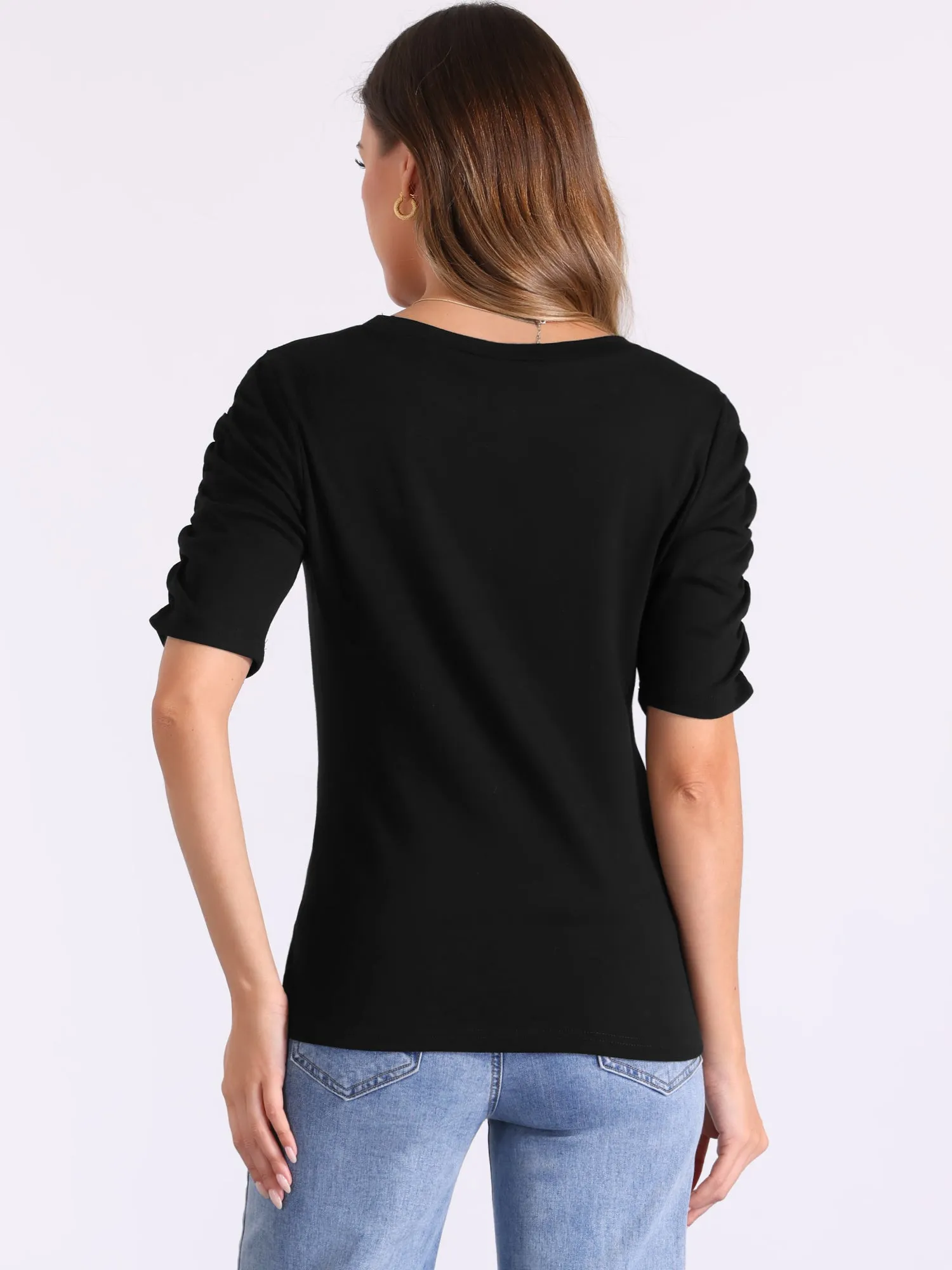 Short Ruched Sleeve Boat Neck Stretchy Basic Casual Blouse sold by Allegra K product image thumbnail 3