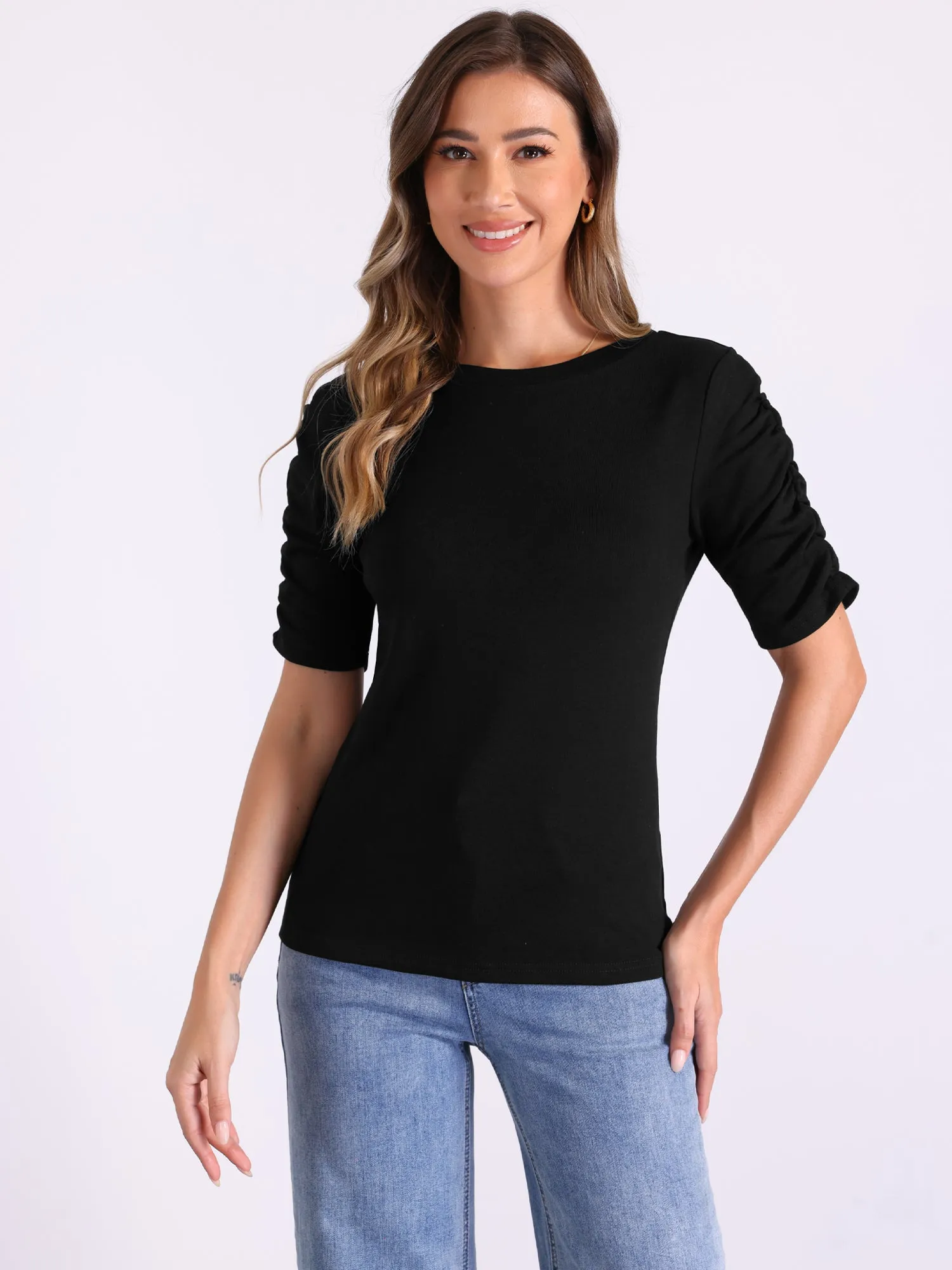 Short Ruched Sleeve Boat Neck Stretchy Basic Casual Blouse sold by Allegra K