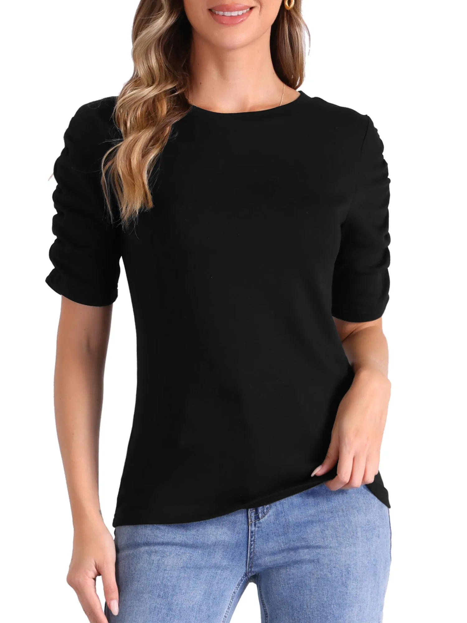 Short Ruched Sleeve Boat Neck Stretchy Basic Casual Blouse sold by Allegra K product image thumbnail 5
