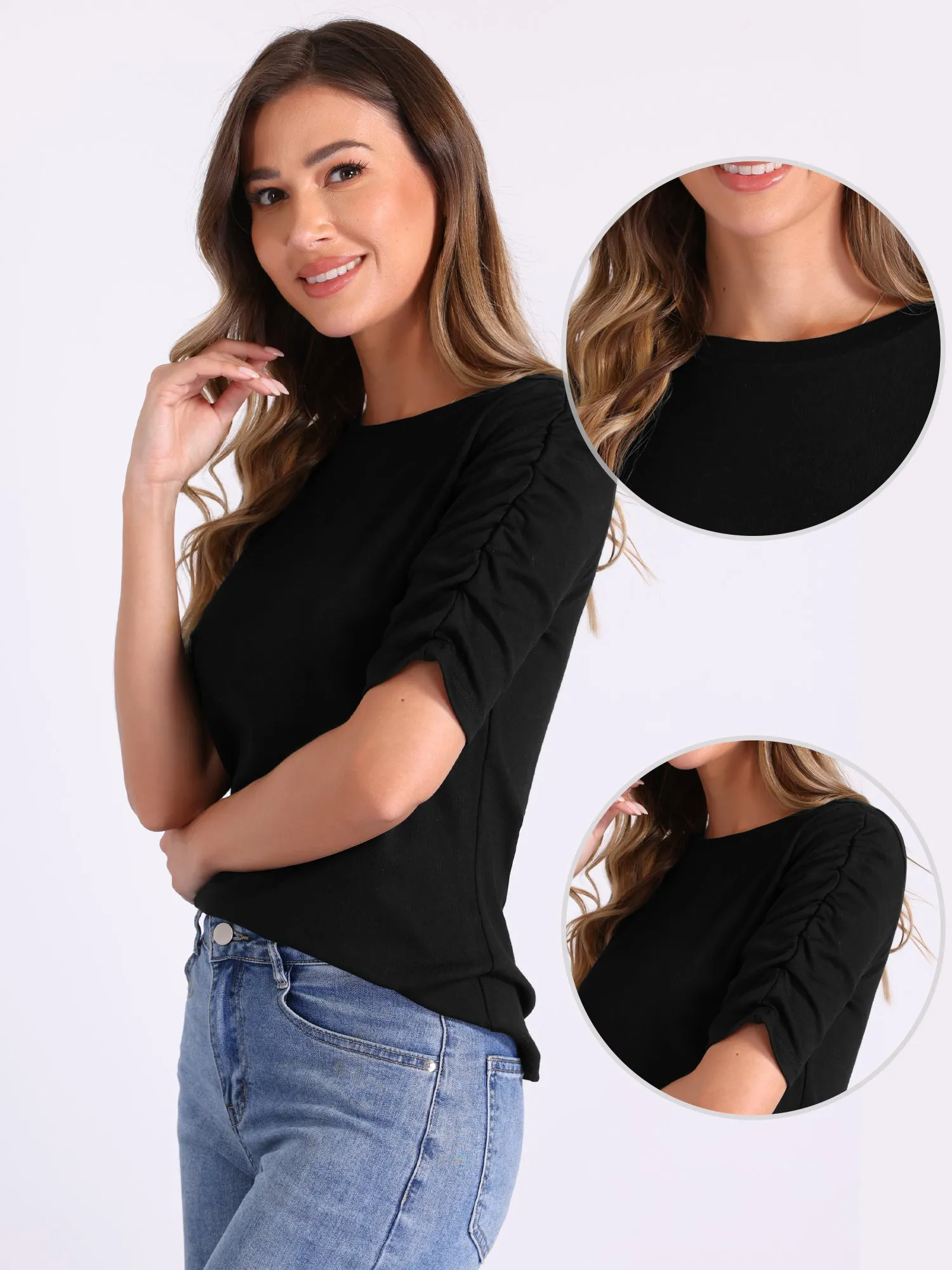 Short Ruched Sleeve Boat Neck Stretchy Basic Casual Blouse sold by Allegra K product image thumbnail 2