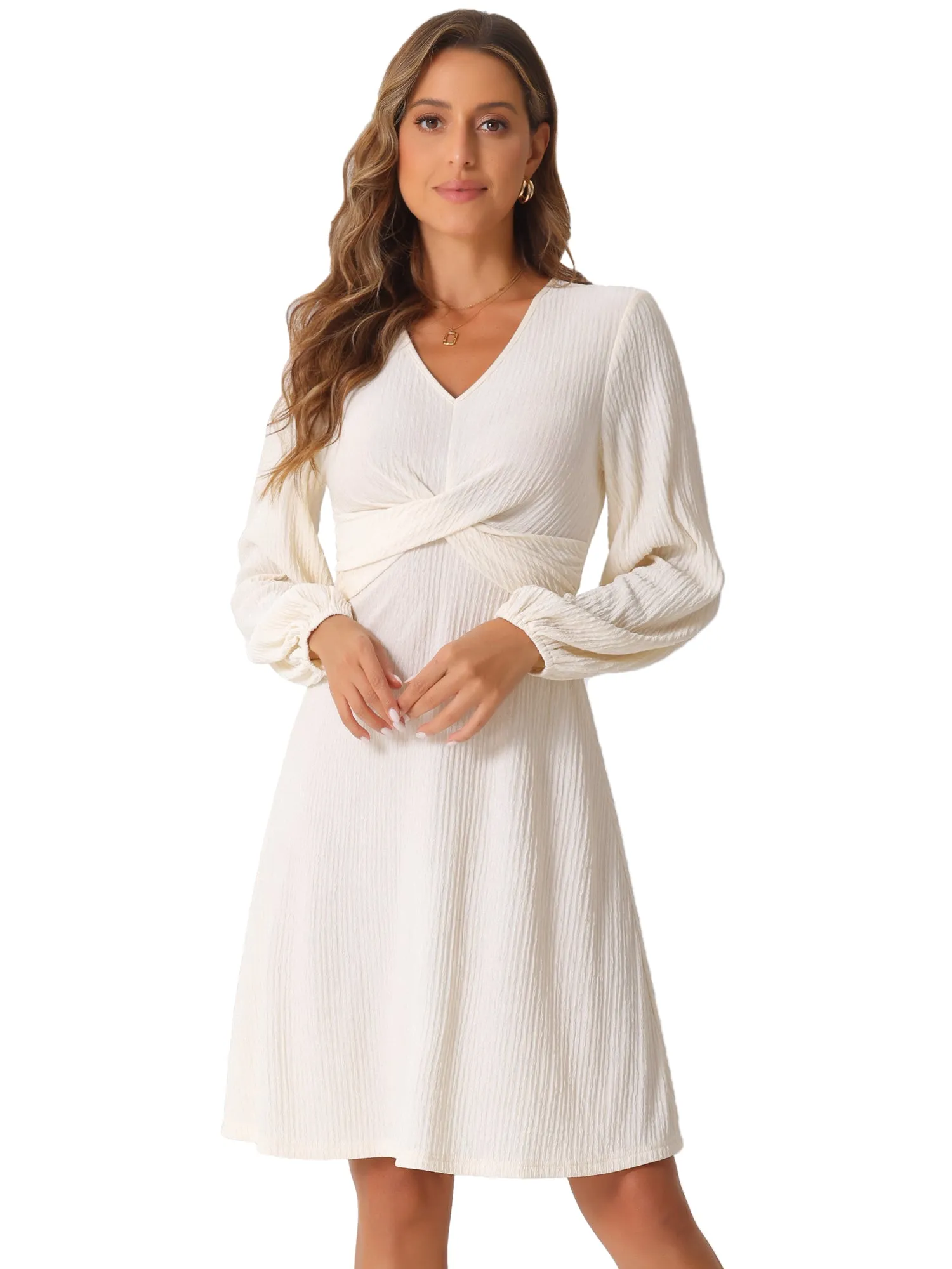 V Neck Criss Cross Long Sleeve Textured A-Line Midi Dress sold by Allegra K product image thumbnail 5