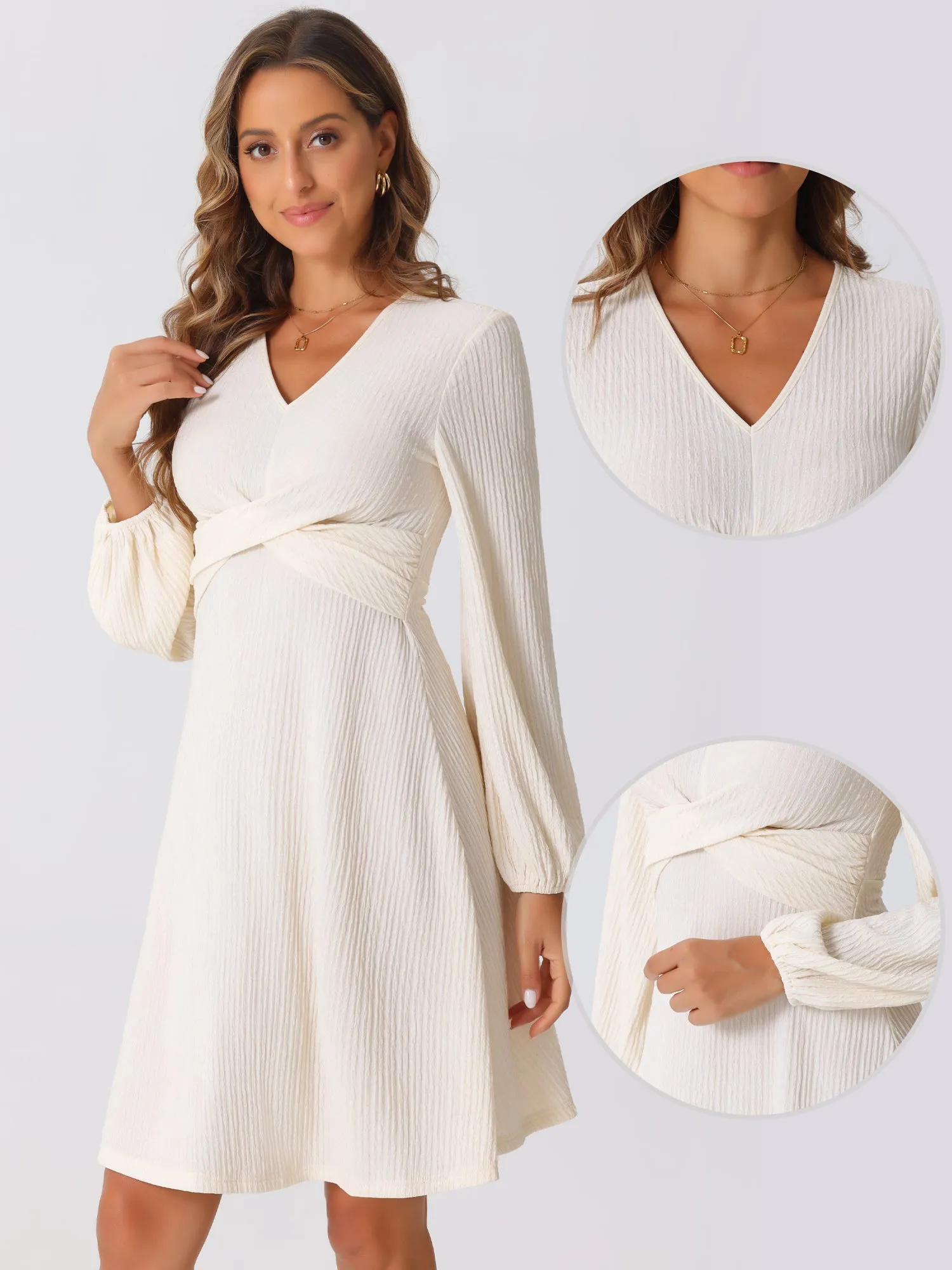 V Neck Criss Cross Long Sleeve Textured A-Line Midi Dress sold by Allegra K product image thumbnail 2