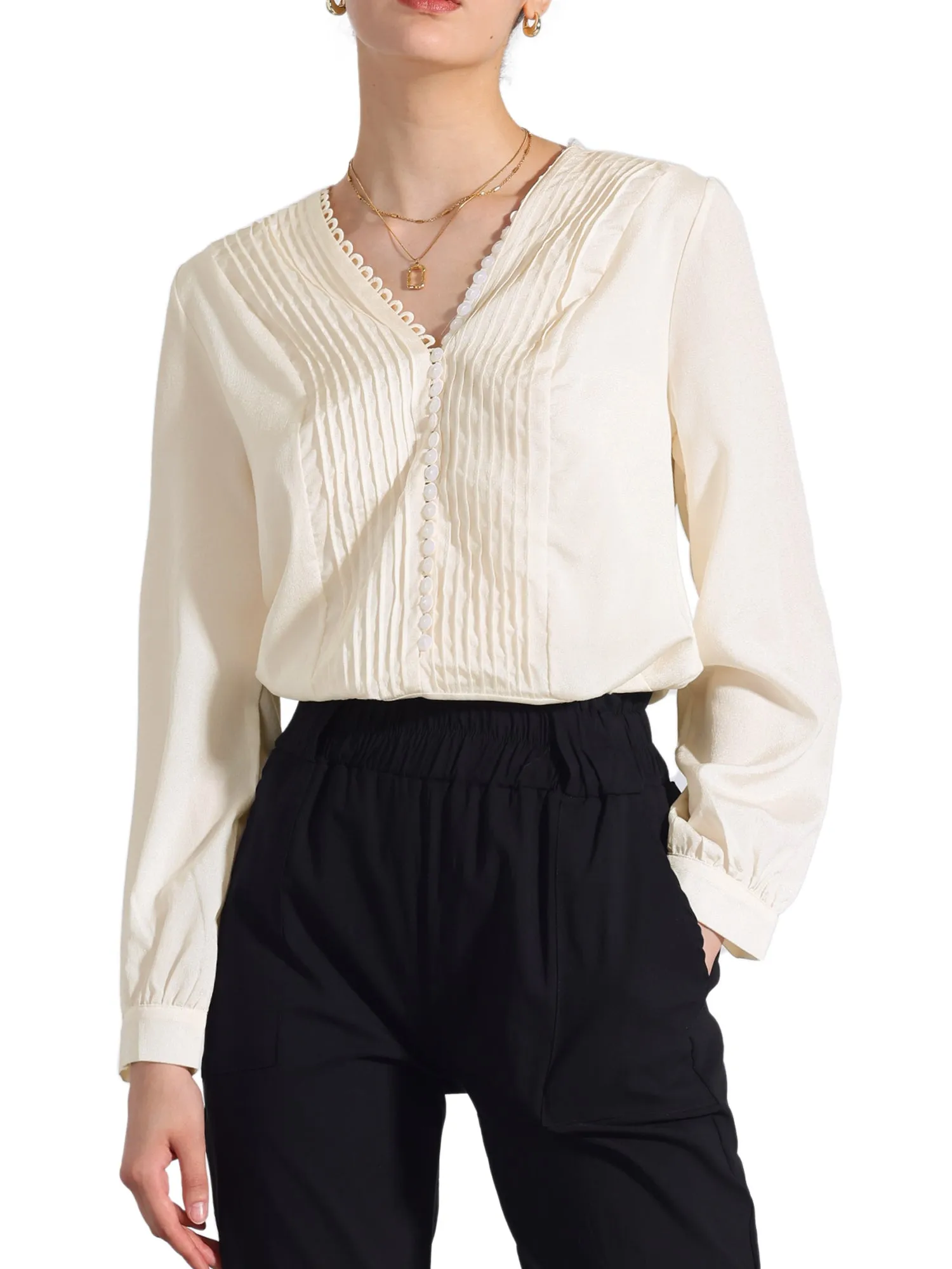 V Neck Pleated Button Front Long Sleeve Work Blouse sold by Allegra K product image thumbnail 5