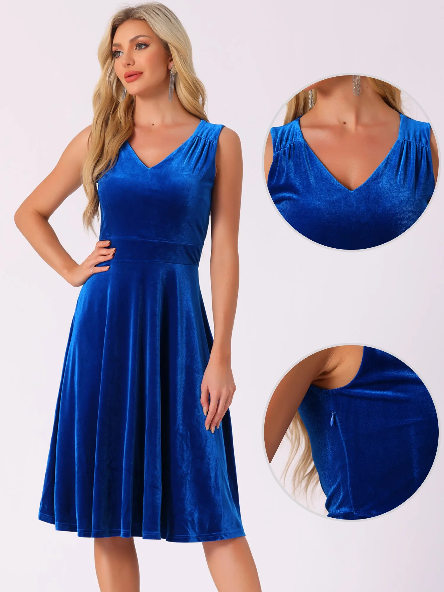 Sleeveless Velvet Ruched High Waist V Neck A-Line Midi Dress sold by Allegra K product image thumbnail 2