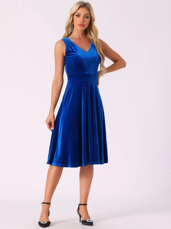 Sleeveless Velvet Ruched High Waist V Neck A-Line Midi Dress sold by Allegra K