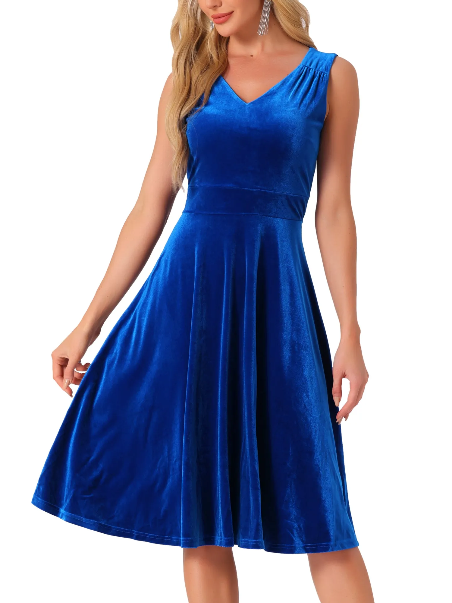 Sleeveless Velvet Ruched High Waist V Neck A-Line Midi Dress sold by Allegra K product image thumbnail 5