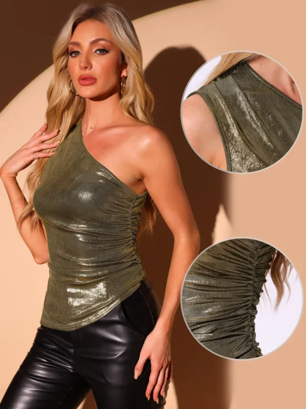 Metallic One Shoulder Ruched Sleeveless Party Tops sold by Allegra K