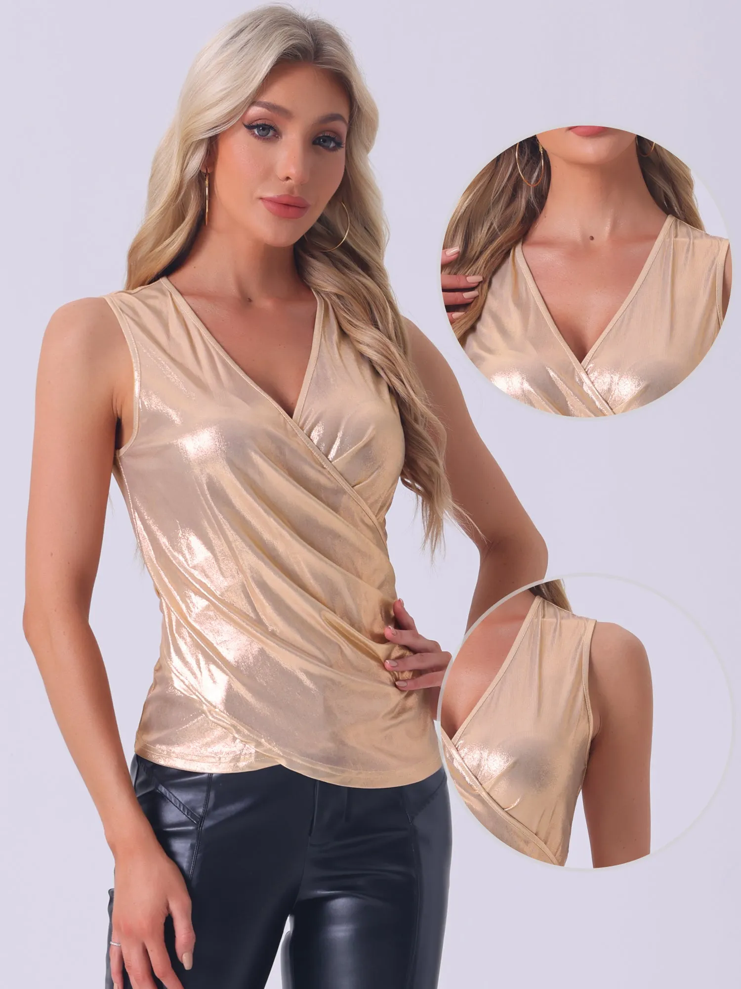 Metallic Party Club Sleeveless V Neck Lightweight Ruched Tank Top sold by Allegra K product image thumbnail 2