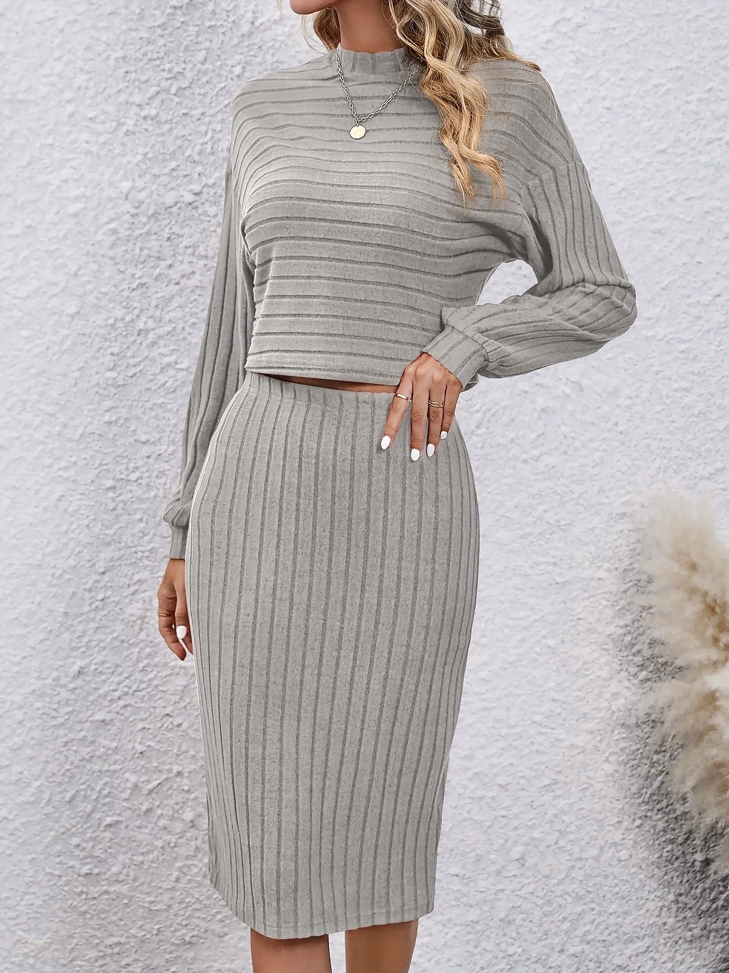 2 Pieces Knit Long Sleeves Cropped Top & Sweater Midi Pencil Skirt Set sold by Allegra K product image thumbnail 2