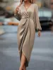 Elegant Satin V Neck Dramatic Puff Long Sleeve Hi-Lo Hem Midi Dress sold by Allegra K