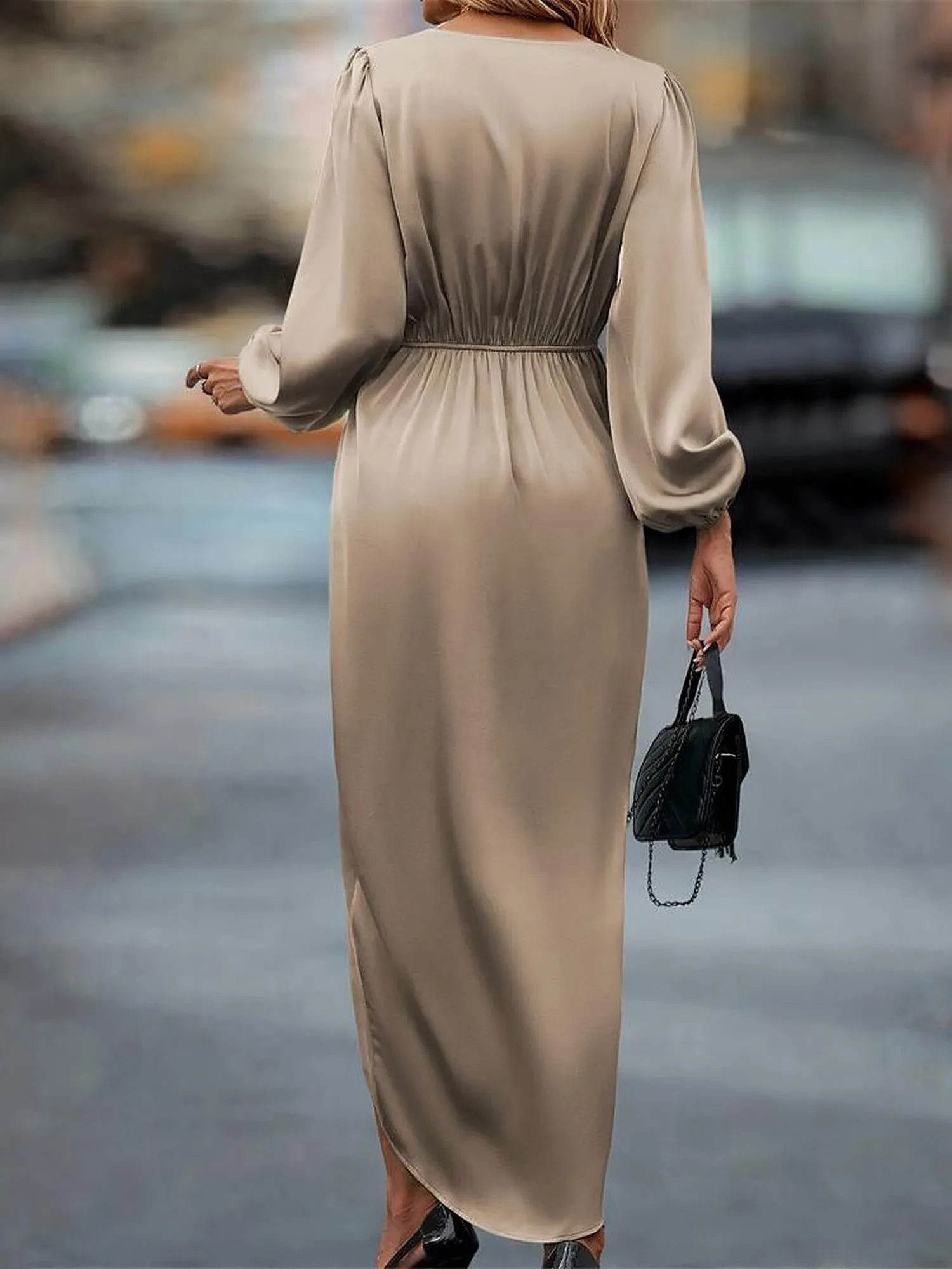 Elegant Satin V Neck Dramatic Puff Long Sleeve Hi-Lo Hem Midi Dress sold by Allegra K product image thumbnail 2