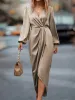 Elegant Satin V Neck Dramatic Puff Long Sleeve Hi-Lo Hem Midi Dress sold by Allegra K