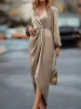 Elegant Satin V Neck Dramatic Puff Long Sleeve Hi-Lo Hem Midi Dress sold by Allegra K