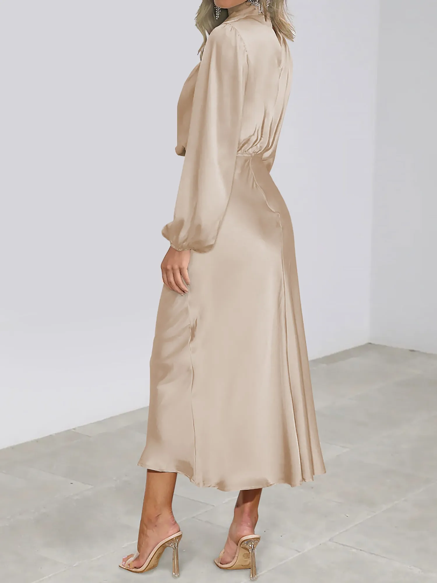 Satin Ruched Long Sleeve Solid Color Midi Dress sold by Allegra K product image thumbnail 5