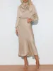Satin Ruched Long Sleeve Solid Color Midi Dress sold by Allegra K