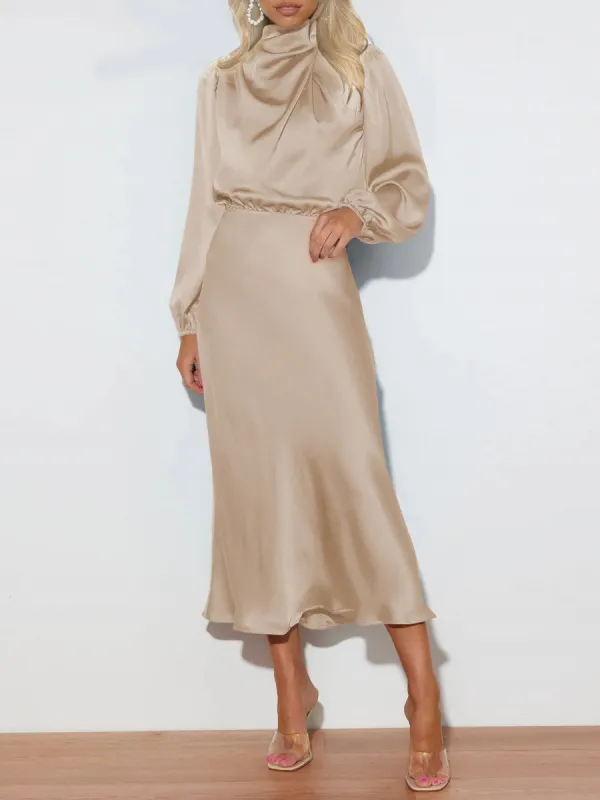 Satin Ruched Long Sleeve Solid Color Midi Dress sold by Allegra K