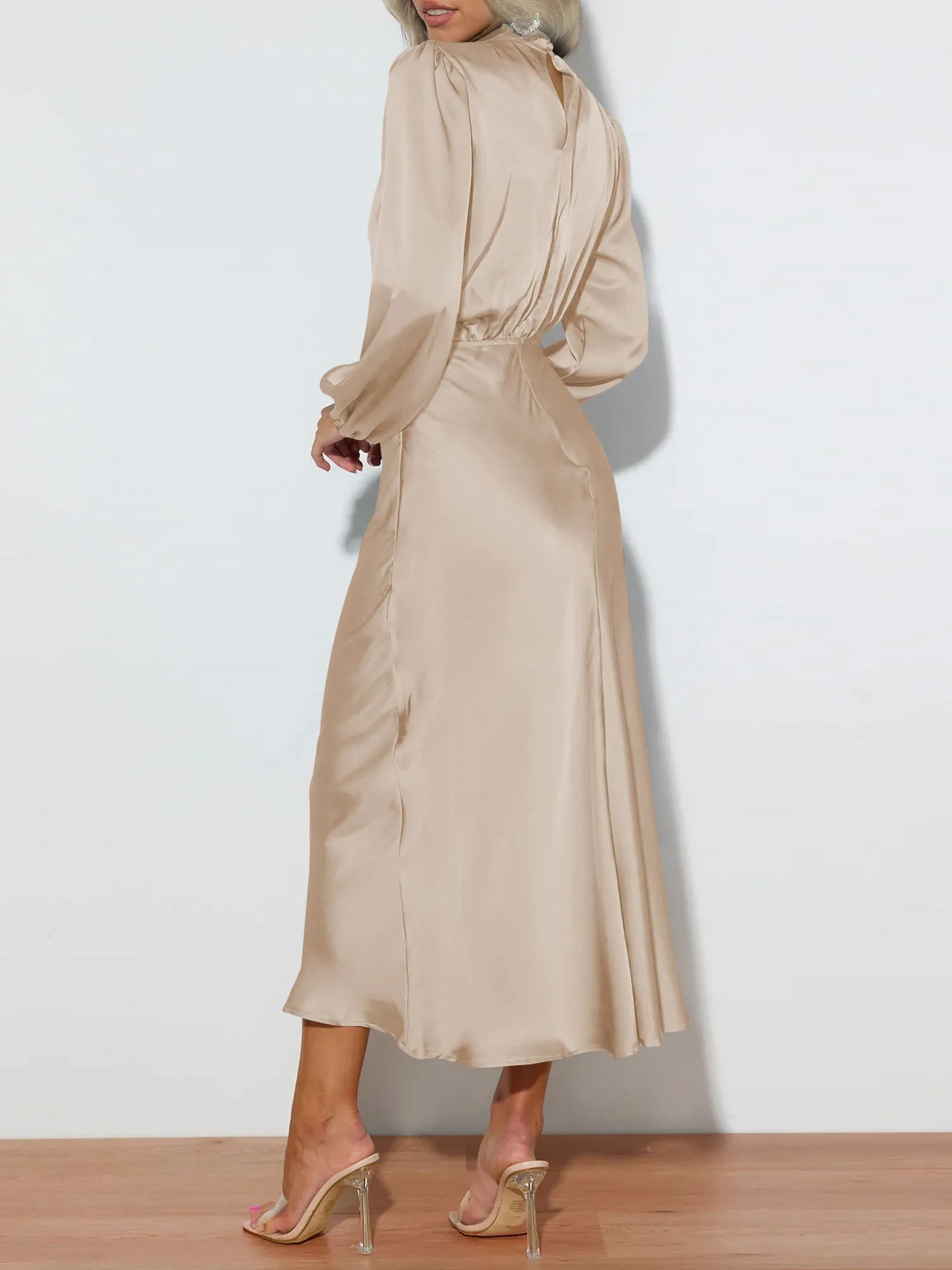 Satin Ruched Long Sleeve Solid Color Midi Dress sold by Allegra K product image thumbnail 4