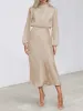 Satin Ruched Long Sleeve Solid Color Midi Dress sold by Allegra K