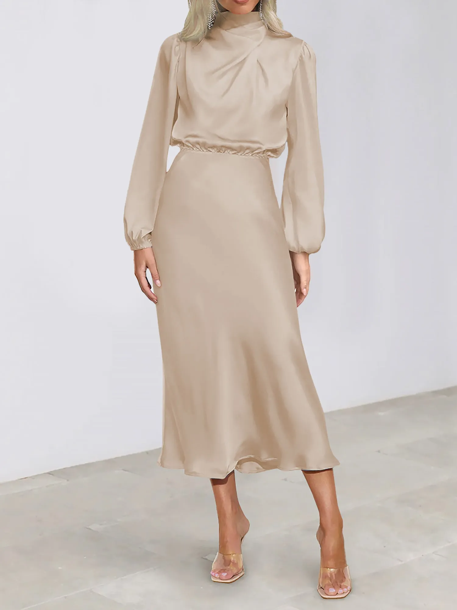 Satin Ruched Long Sleeve Solid Color Midi Dress sold by Allegra K product image thumbnail 3