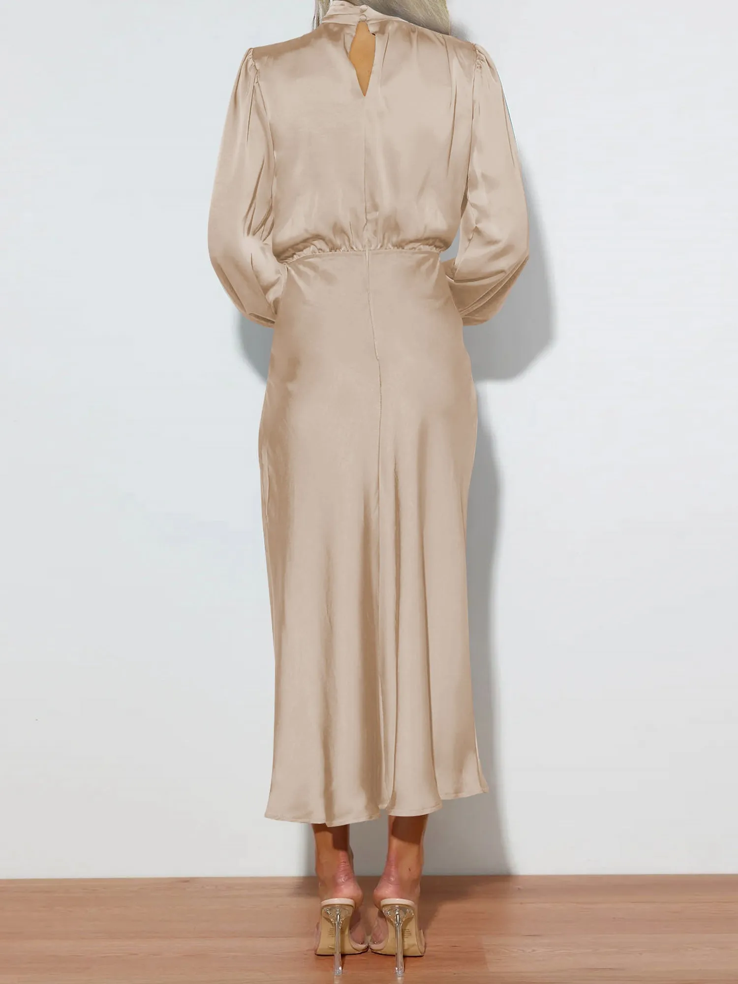 Satin Ruched Long Sleeve Solid Color Midi Dress sold by Allegra K product image thumbnail 2