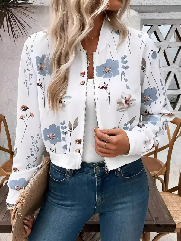 Long Sleeves Floral Zipper Front Cropped Bomber Jacket sold by Allegra K
