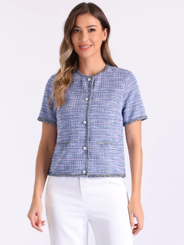 Tweed Plaid Round Neck Short Sleeve Blouse sold by Allegra K
