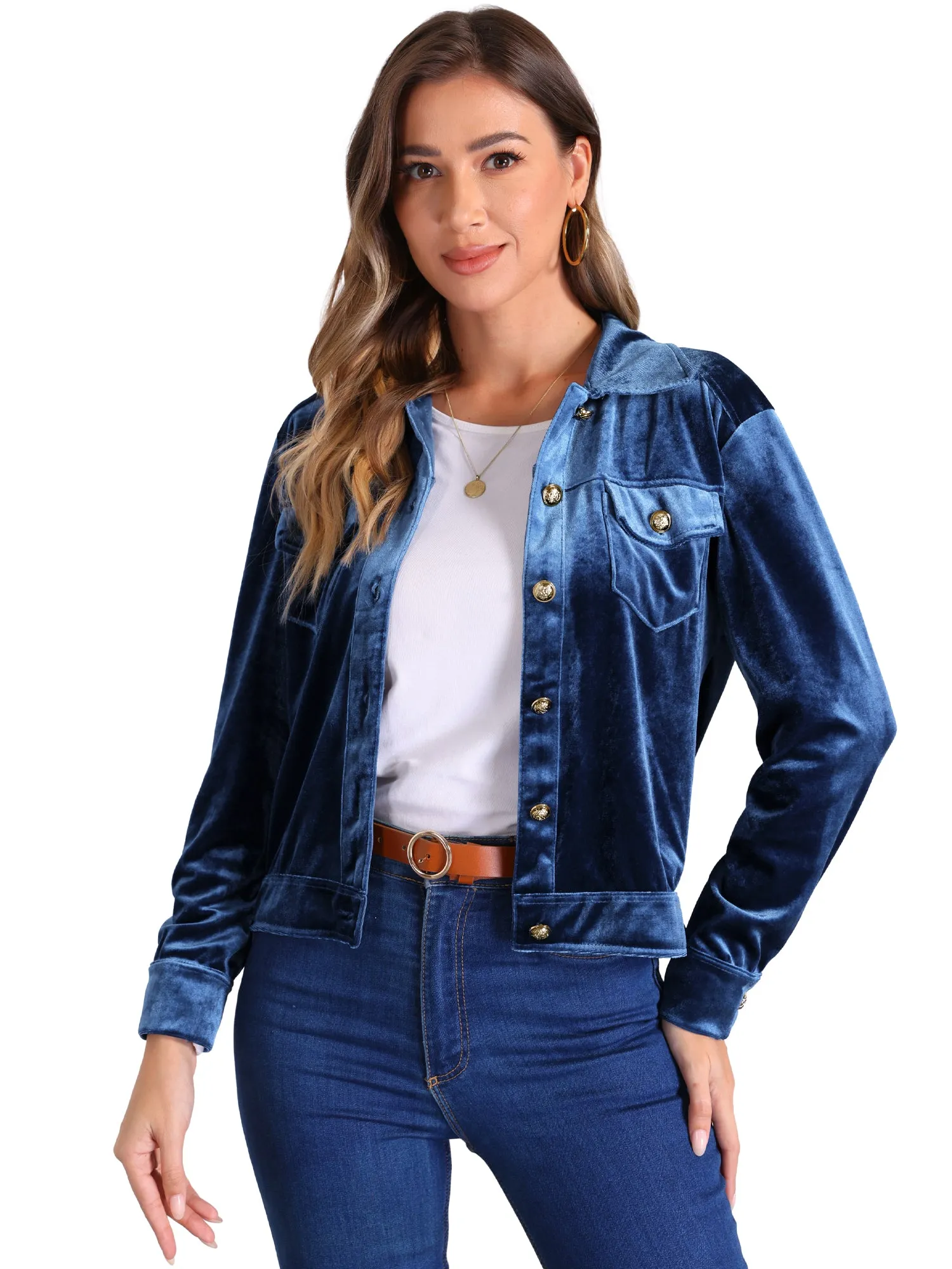 Velvet Button Up Long Sleeve Cropped Jacket sold by Allegra K product image thumbnail 4