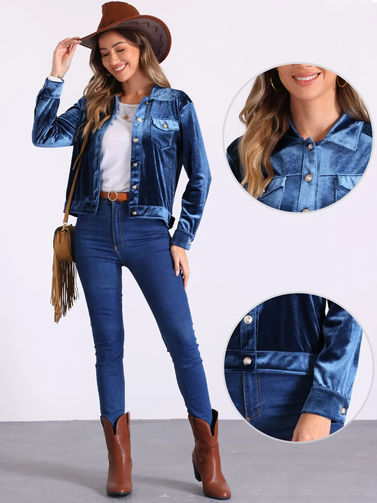 Velvet Button Up Long Sleeve Cropped Jacket sold by Allegra K product image thumbnail 2