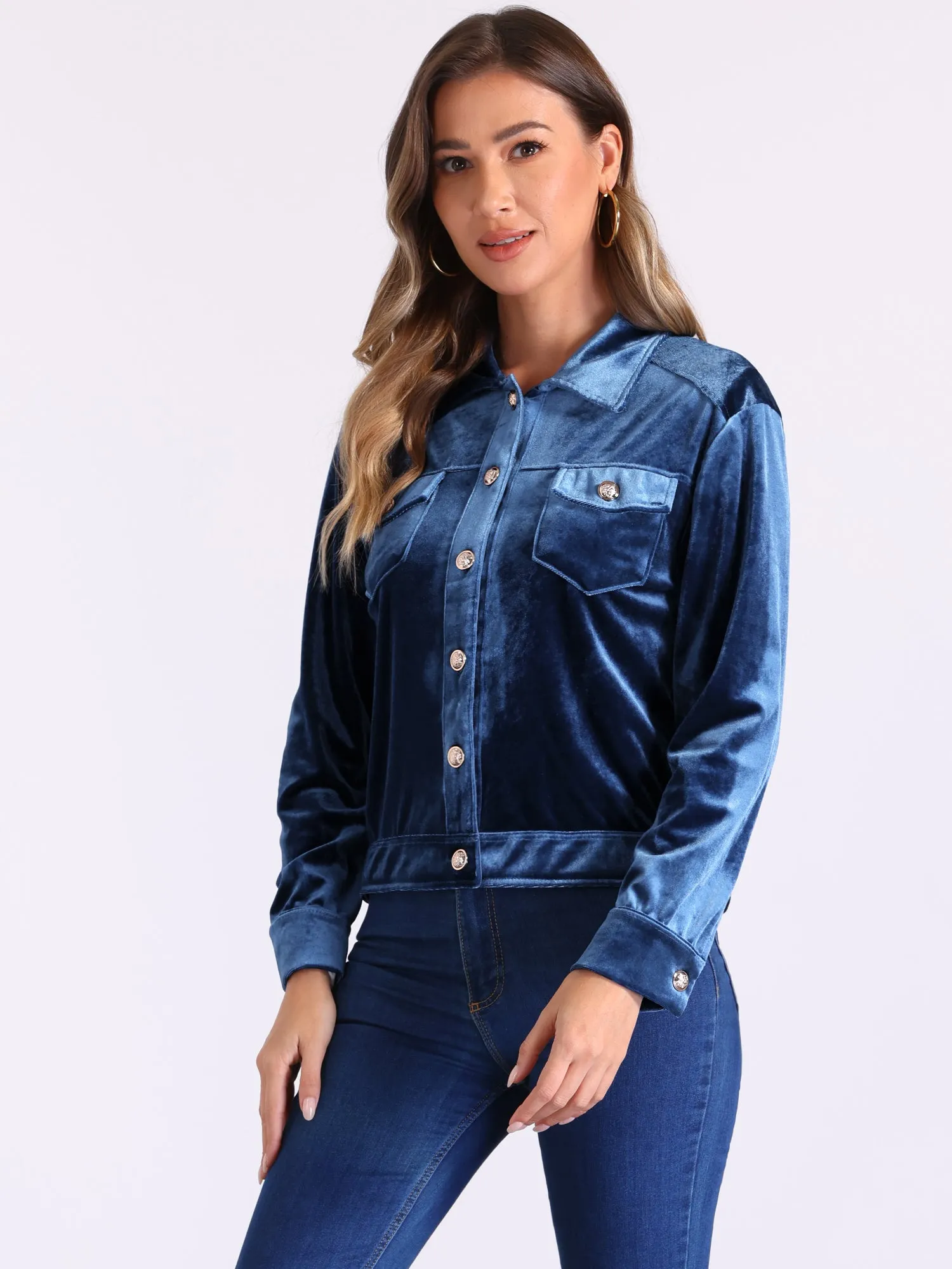 Velvet Button Up Long Sleeve Cropped Jacket sold by Allegra K