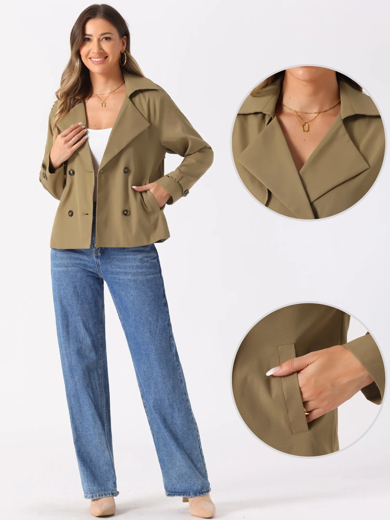 Notched Lapel Double Breasted Short Trench Coat Jacket sold by Allegra K product image thumbnail 2