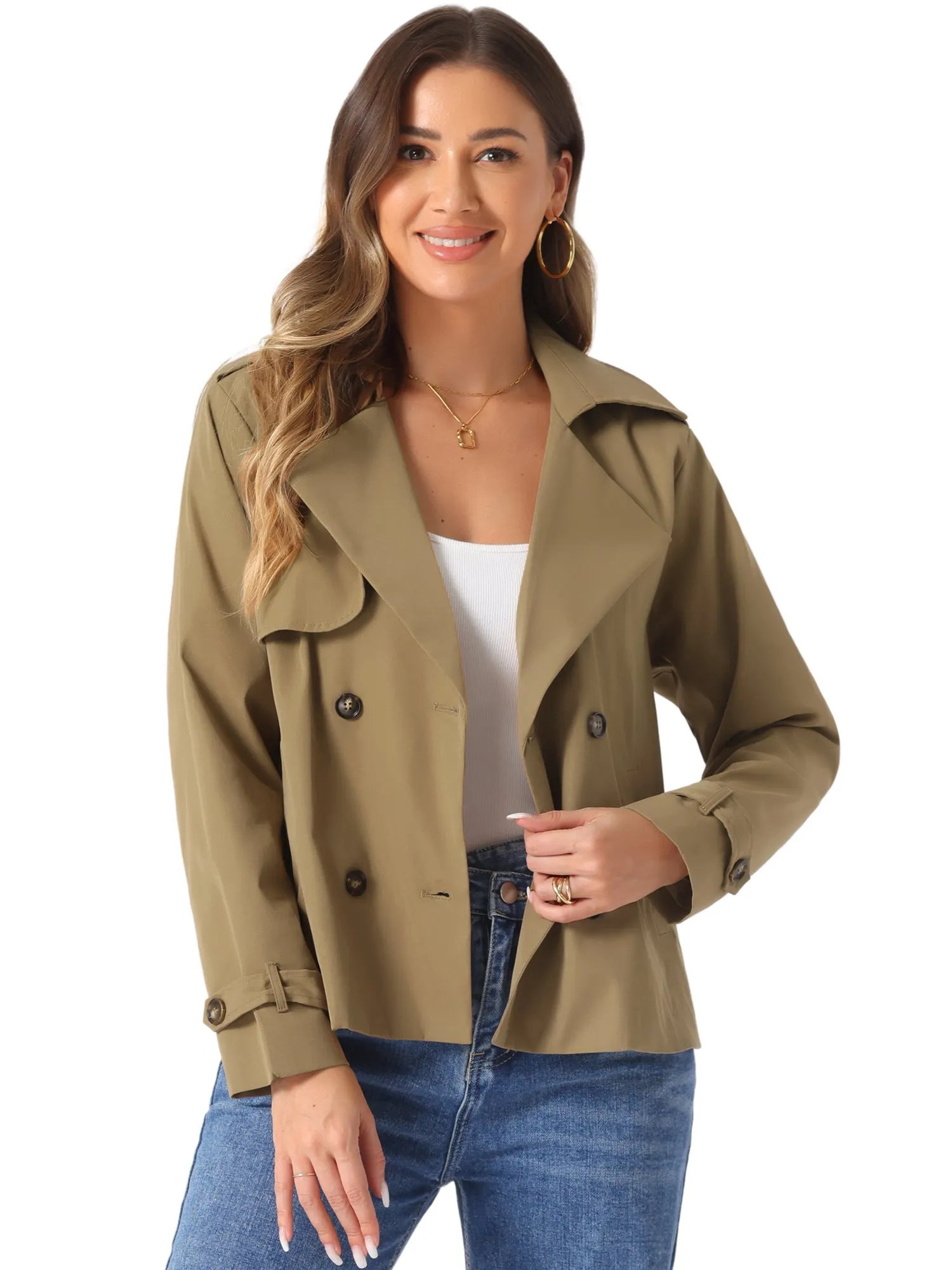 Notched Lapel Double Breasted Short Trench Coat Jacket sold by Allegra K product image thumbnail 5