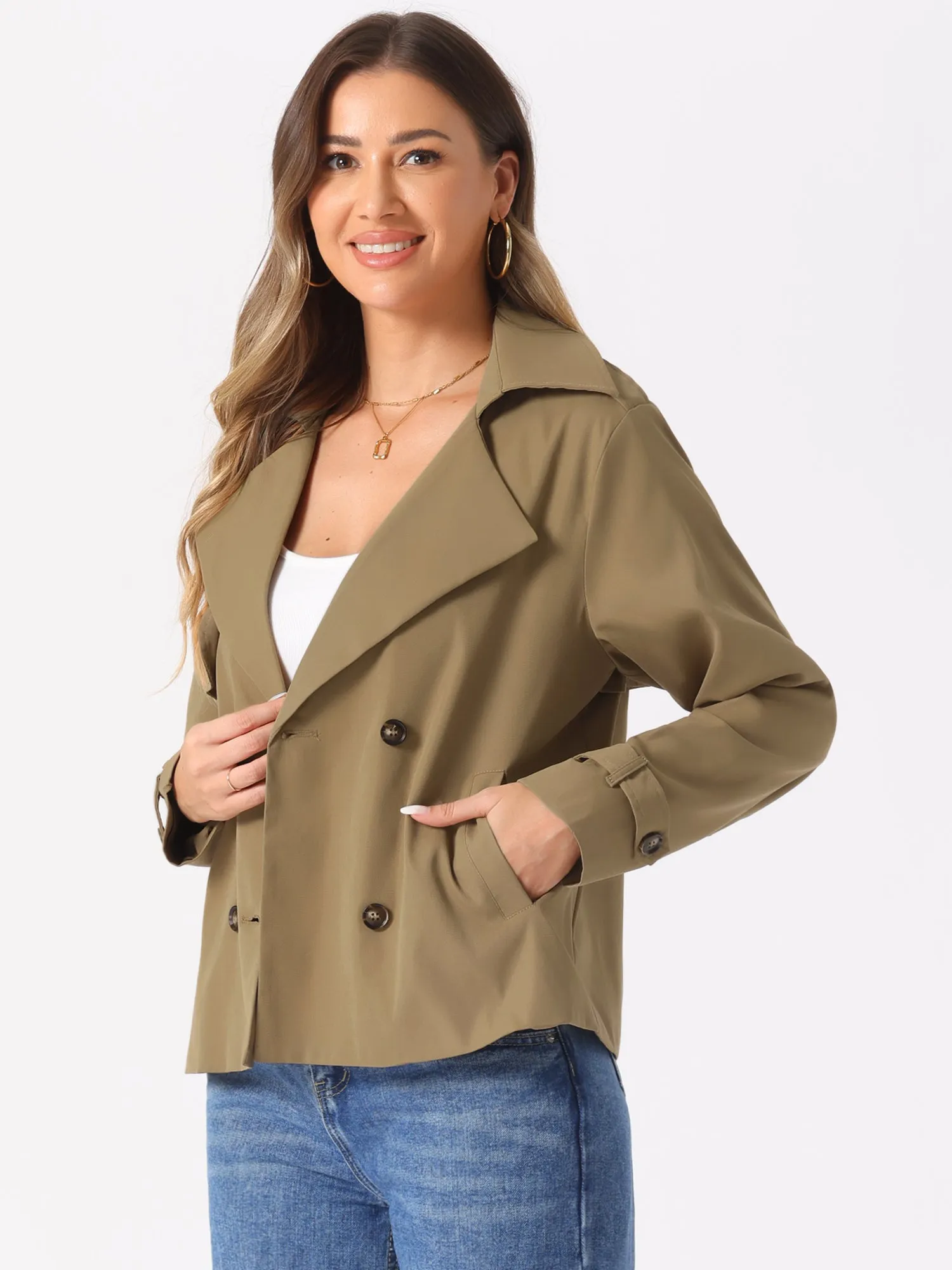 Notched Lapel Double Breasted Short Trench Coat Jacket sold by Allegra K