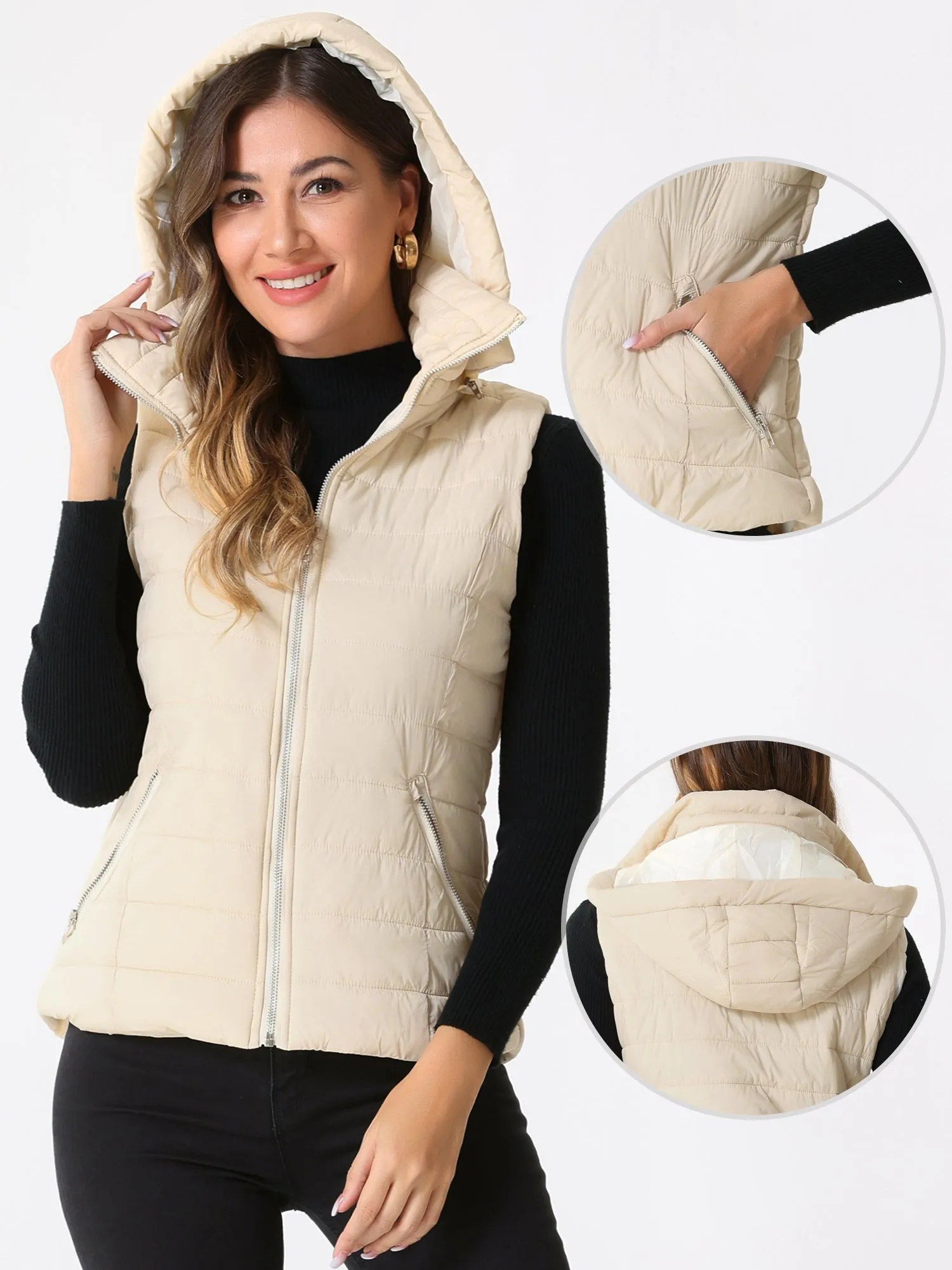 Sleeveless Zipper Winter Hoodie Quilted Jacket Vest sold by Allegra K product image thumbnail 2