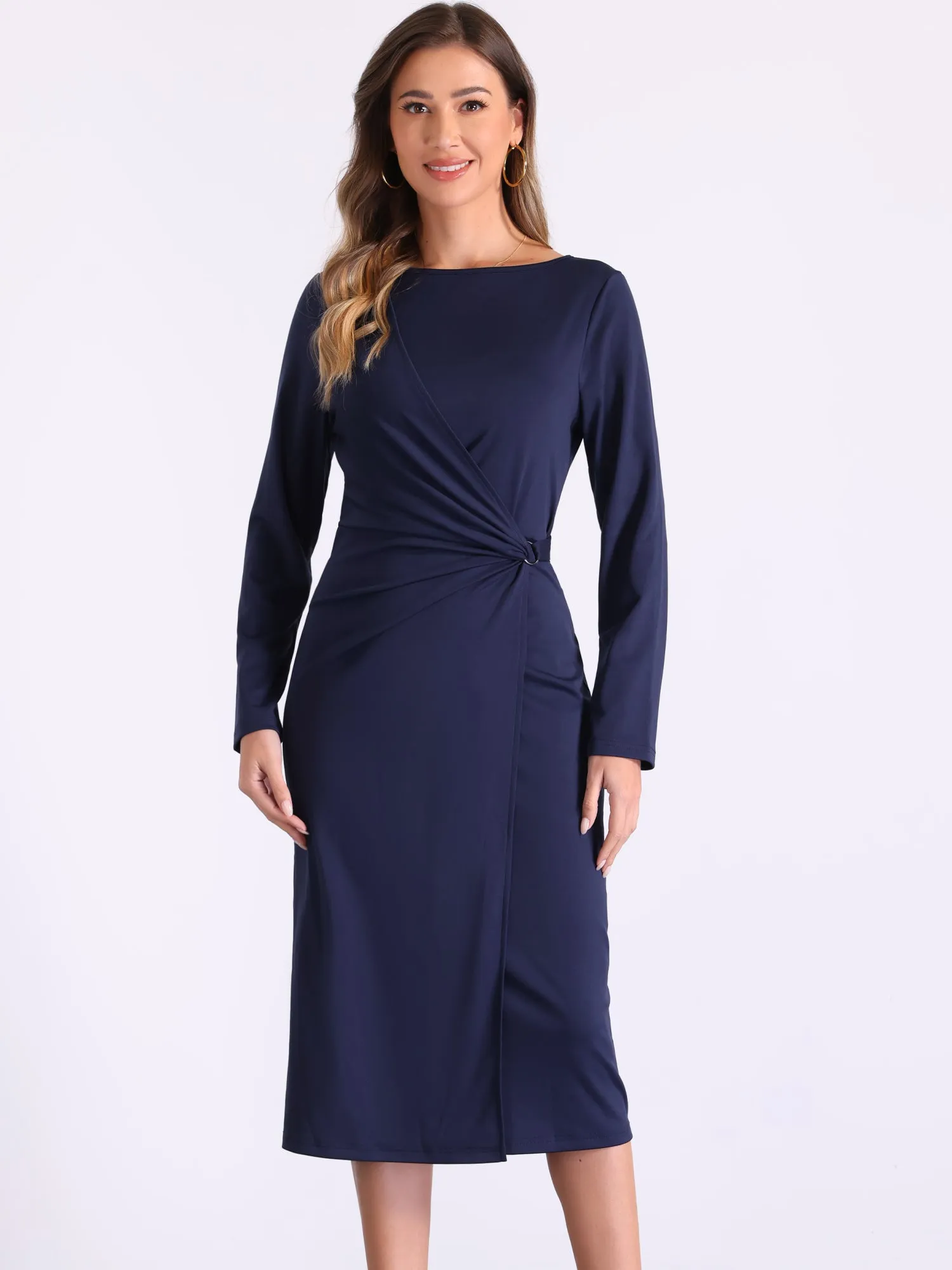 Boat Neck Long Sleeve Ruched Work Midi Sheath Dress sold by Allegra K