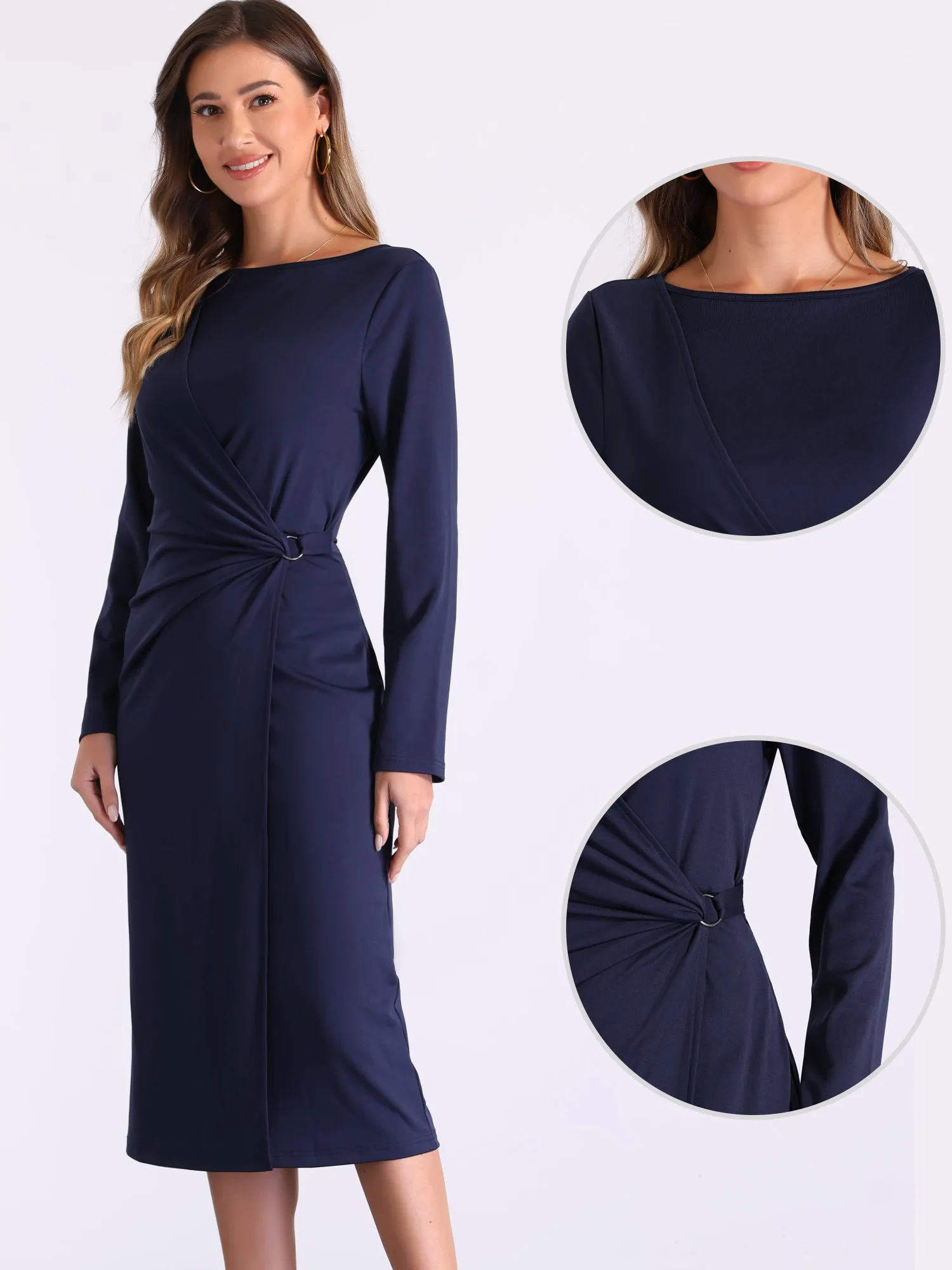 Boat Neck Long Sleeve Ruched Work Midi Sheath Dress sold by Allegra K product image thumbnail 2
