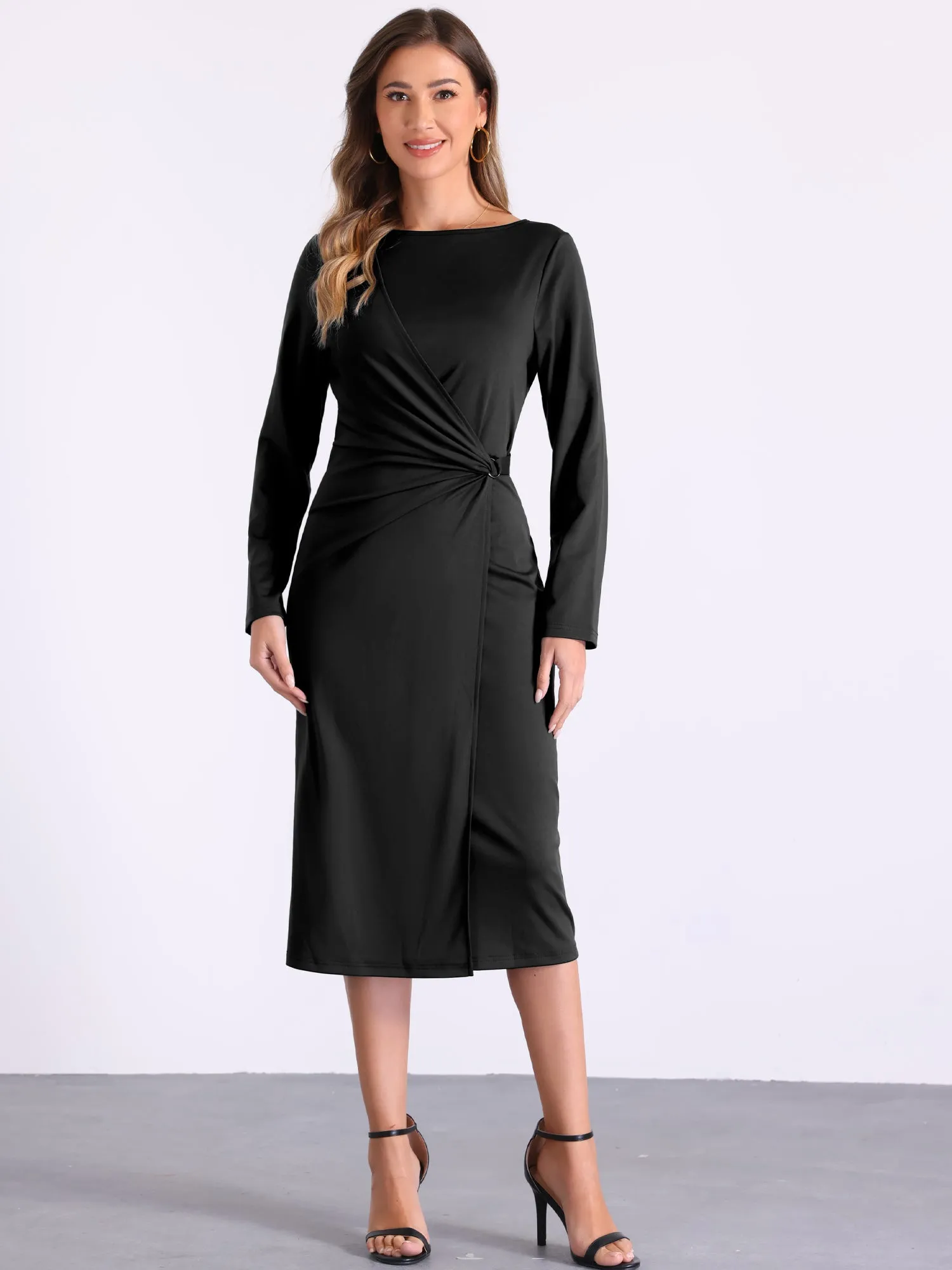 Boat Neck Long Sleeve Ruched Work Midi Sheath Dress sold by Allegra K product image thumbnail 5