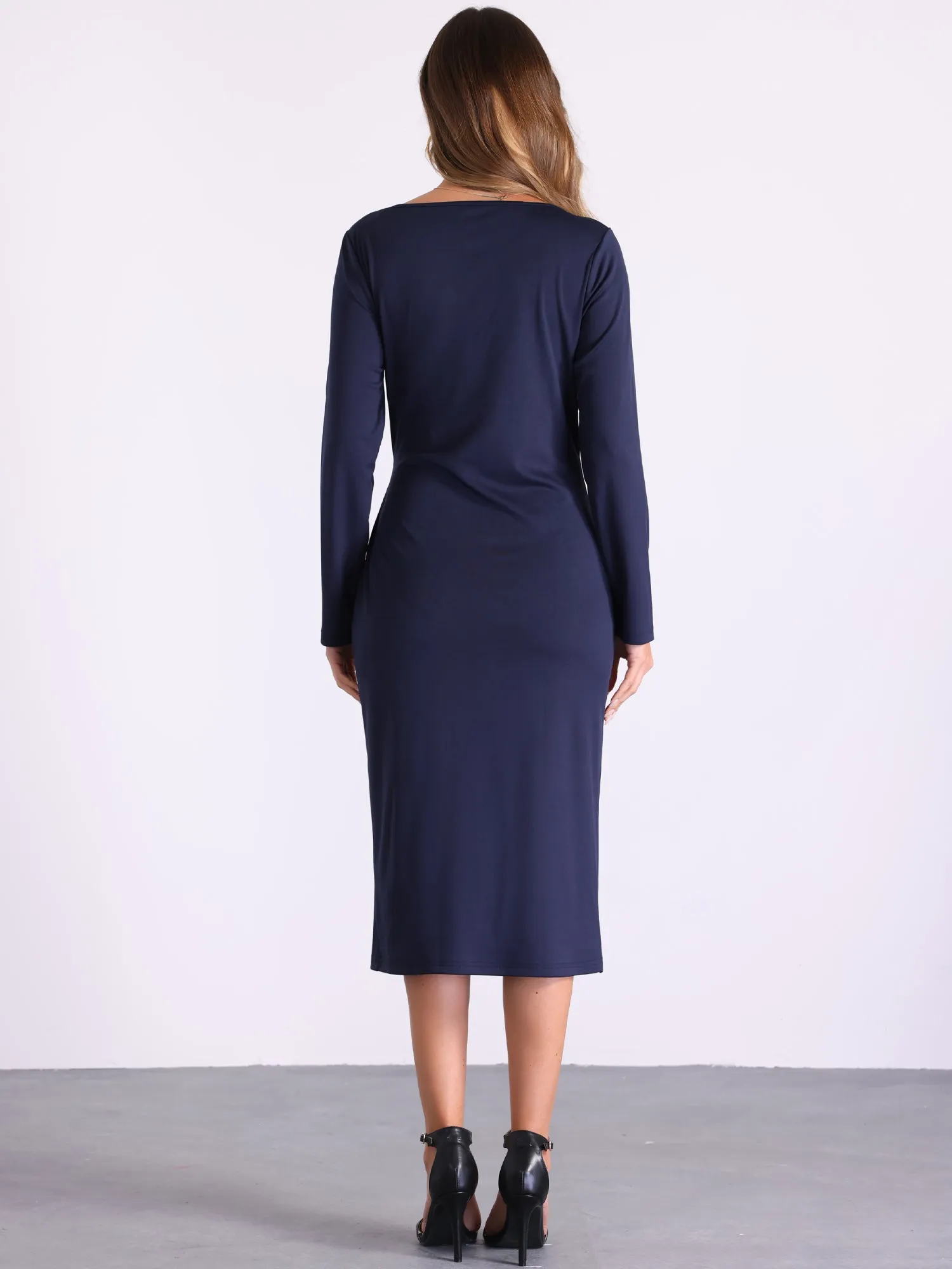 Boat Neck Long Sleeve Ruched Work Midi Sheath Dress sold by Allegra K product image thumbnail 3