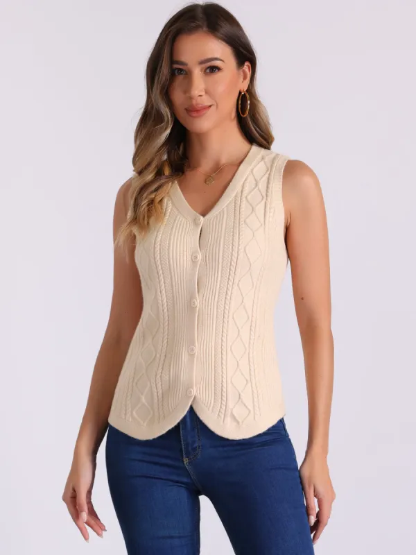 V Neck Sleeveless Button Down Knitted Sweater Vest sold by Allegra K