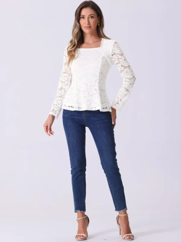 Lace Square Neck Long Sleeve Stertch Peplum Blouse sold by Allegra K