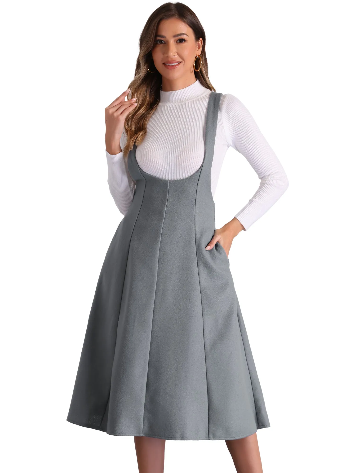 High Waist Cross Back Pocketed A-Line Midi Suspender Skirt sold by Allegra K product image thumbnail 4