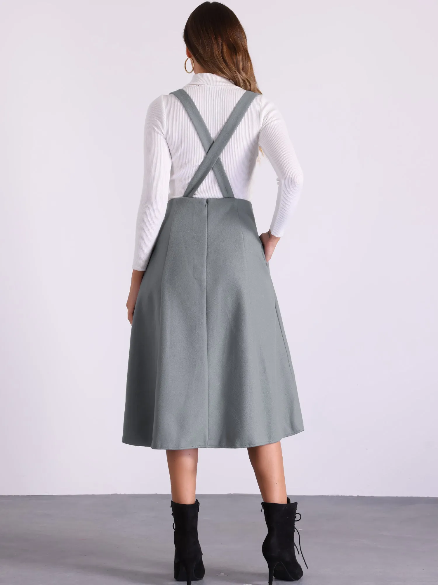 High Waist Cross Back Pocketed A-Line Midi Suspender Skirt sold by Allegra K product image thumbnail 3