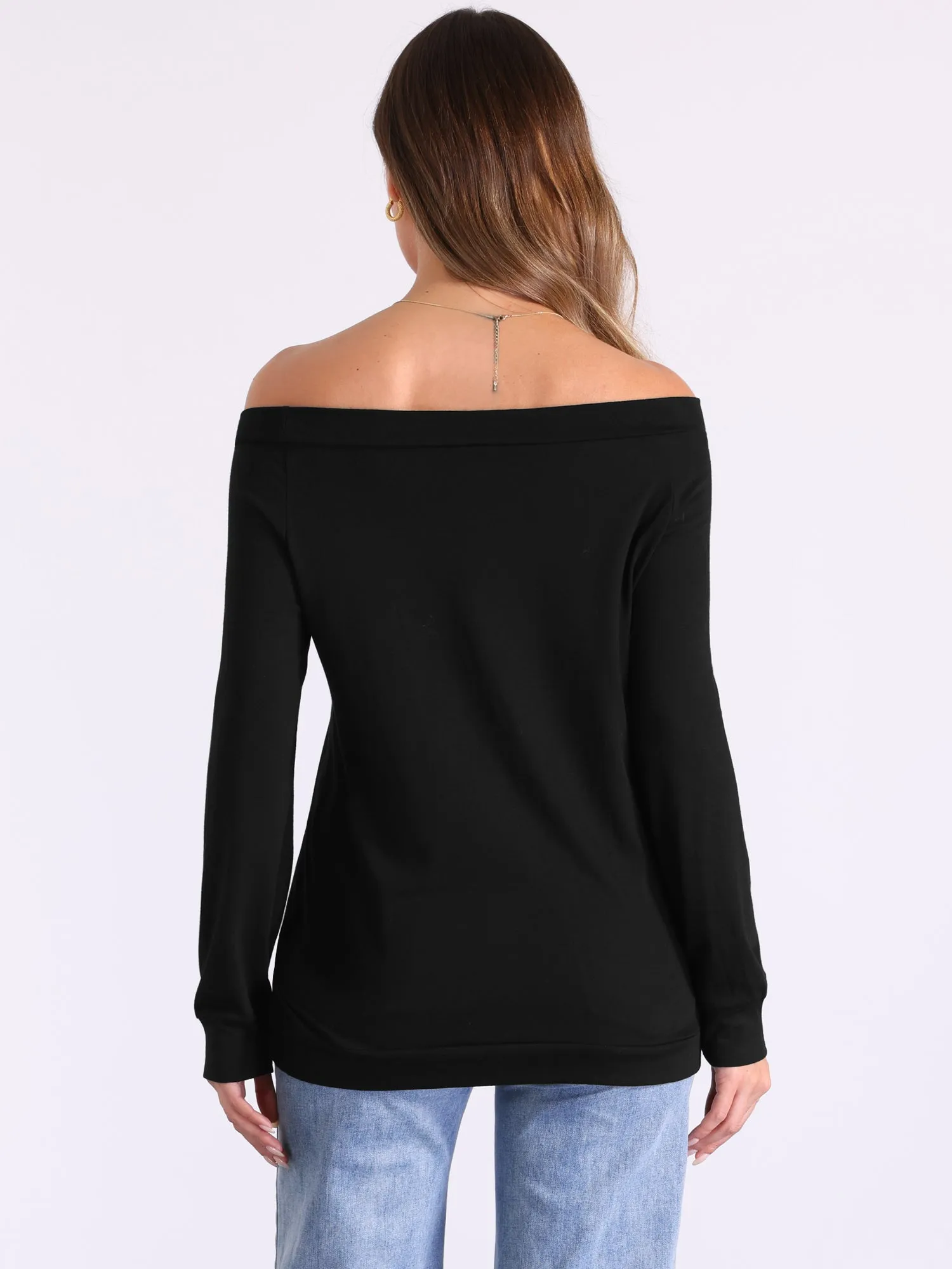 Off Shoulder Stretch Long Sleeve Solid Color Casual Blouse sold by Allegra K product image thumbnail 3